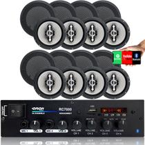 8 Arandelas Redonda Preta Falante 6p Ls6 + Amplificador 500w
