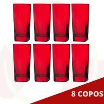 8 Copos Quadrado Vidro Vermelho Bali Mesa Posta Suco 320ml