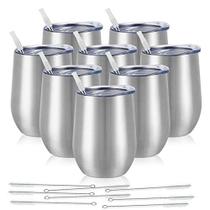 8 Pack 12Oz Copos de Vinho de Aço Inoxidável, Copo de Vinho Isolado, Taça de Vinho Isolada de Parede Dupla, Taças de Vinho Sem Haste de Aço Inoxidável com Tampas para Café, Vinho, Cocktails, Champaign, Prata