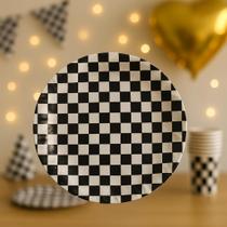 8 Pratos de Papel Xadrez Preto e Branco 18 cm Festa Boteco, Corrida e Temas Retrô Ponto das Festas