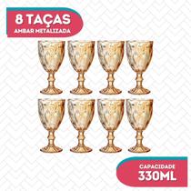 8 Taça Diamond 330Ml Vidro Dourado Resistente Metallic Drink