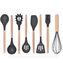8 Utensílios De Cozinha Silicone Com Cabo De Bambu Preto