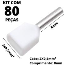 80un Terminal Tubular Ilhós Pré-isolado Duplo Para Cabo de 0,50mm² Metal 8mm Branco TE0508
