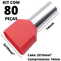 80un Terminal Tubular Ilhós Pré-isolado Duplo Para Cabo de 10mm² Metal 14mm Vermelho TE1014