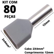 80un Terminal Tubular Ilhós Pré-isolado Duplo Para Cabo de 4,0mm² Metal 12mm Cinza TE4012