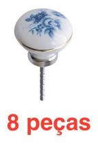 (8pçs) Puxador Porcelana Floral Azul Moveis 35mm 85-06 (8pçs) Puxador Porcelana Floral Azul Moveis 35mm 85-06