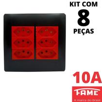 8un Tomada Padrão Sextupla 2P+T 10A 4X4 Vermelha Com Placa Habitat Black FAME