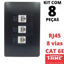 8un Tomada Rede RJ45 CAT 6E 8 Vias Tripla Com Placa Habitat Black FAME