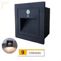 9 Balizador Parede Led Sensor Presença Embutir Preto Lup72