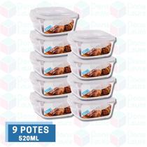 9 Potes de Vidro Quadrado Hermeticos c/ Tampa 4 Travas 520ML - QUALITY HOUSE / PRATICASA