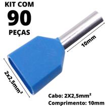 90un Terminal Tubular Ilhós Pré-isolado Duplo Para Cabo de 2,5mm² Metal 10mm Azul TE2510