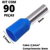 90un Terminal Tubular Ilhós Pré-isolado Simples Para Cabo de 2,5mm² Metal 8mm Azul E2508