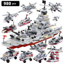 980 Peças Blocos de Montar Mega Navio + 24 Veículos de Combate Guerra: Carros, Aviões, Tanques e +