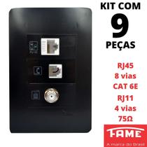 9un Tomada VDI RJ11 4 Vias RJ45 CAT 6E 8 Vias e Coaxial Com Placa Habitat Black FAME
