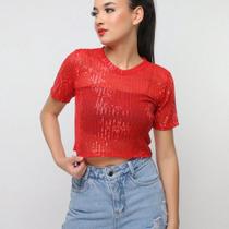 A-Lows Blusa Paete Feminina T-shirt Cropped Brilho Manga Curta