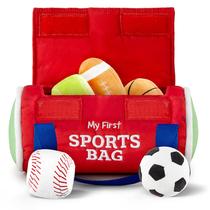 A primeira bolsa esportiva Kidaddle Baby bolas sensoriais grandes de pelúcia com bolsa de viagem, bolsa esportiva infantil com futebol chocante, bola de futebol estridente, brinquedo de beisebol enrugado e muito mais!