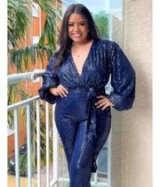 A0201 Macacão Feminino Paetê Manga Bufante Brilho Luxo Festa Pantalona Brilhante Brilhoso Moderno Decote em V Zíper Atemporal Fim de Ano Convidada