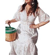 A1506 Vestido Festa Feminino Branco Bordado Réveillon Véspera Ano Novo Soltinho Solto Manga Curta Botões Abotoar Decote Decotado Longo Renda
