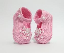 A291 Sapatinho de croche para bebe feminino rosa com perolas - MM Sapatinhos
