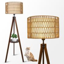 Abajur de chão tripé boho LAMSU 150 cm em madeira com cúpula de rattan