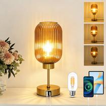 Abajur de Mesa LAMSU Vintage Dourado com Vidro Âmbar e Porta USB