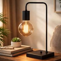 Abajur Luminaria De Mesa estilo retrô Preto com 01 haste curva Ideal para lâmpadas filamento LED