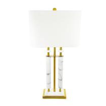 Abajur Luxuoso Marmore em Tubos Metal Dourado Retangular Cupula Tecido Branco