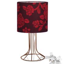 Abajur Torre Cilindrico Floral Vermelho com Aramado Cobre