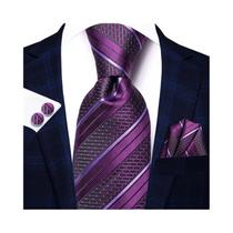 Abotoaduras e Gravata de Seda Listrada - Azul, Amarelo e Rosa - Para Smoking Masculino