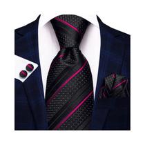 Abotoaduras e Gravata de Seda Listrada - Azul, Amarelo e Rosa - Para Smoking Masculino