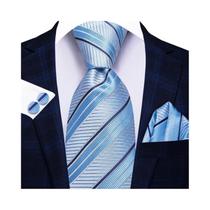 Abotoaduras e Gravata de Seda Listrada - Azul, Amarelo e Rosa - Para Smoking Masculino
