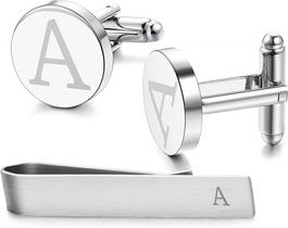 Abotoaduras iniciais gravadas em aço inoxidável e barra de clipe de gravata Abotoaduras iniciais gravadas em aço inoxidável e barra de clipe de gravata