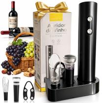 Abridor de Vinho Elétrico Automático Kit Sommelier Luxo com Cortador Despejador Tampa a Vácuo Recarregável Bivolt Elegante Moderno