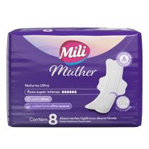 Absorvente Mili Mulher Noturno Discreto Fluxo Super Intenso Ultra Suave com Abas 8 Unidades