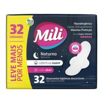 Absorvente Noturno Mili Cobertura Suave Com Abas Pacote com 32 Unidades / Extrato Aloe Vera / Hipoalérgico