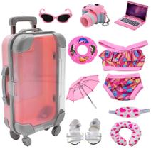 Acelane American Doll Travel Suitcase Play Set for Girl 18 Inch Doll, Travel Carrier Luggage Doll Clothes Sunglasses Camera Laptop Pillow, Pretend Play Toys Gift for Birthday, Christmas, Party, More