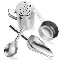 Acessórios de Aço Inoxidável para Máquina de Pipoca Olde Midway - Conjunto de 4 Peças com Copo Medidor, Colher de Sopa, Pá e Saleiro Acessórios de Aço Inoxidável para Máquina de Pipoca Olde Midway - Conjunto de 4 Peças com Copo Medidor, Colher de Sopa, Pá e Saleiro