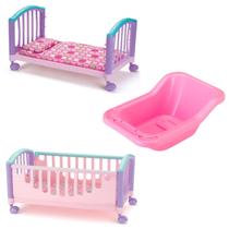 Acessórios P/ Boneca Banheira Rosa + Berço Vira Cama Bebê