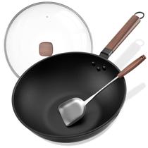 Aço carbono Wok Todlabe 33cm com tampa de vidro e espátula Aço carbono Wok Todlabe 33cm com tampa de vidro e espátula