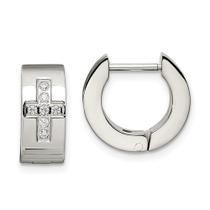 Aço Inoxidável CZ Cross Brushed & Polished Hinged Hoop Earr