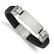 Aço inoxidável escovado couro preto 8.5in ID Bracelet