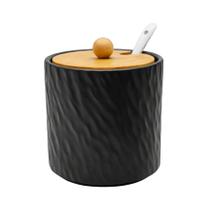 Açucareiro Cerâmica Preto Tampa Bambu C/ Colher Saleiro Açucareiro Cerâmica Preto Tampa Bambu C/ Colher Saleiro