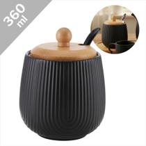 Açucareiro Cerâmica Preto Tampa Bambu Com Colher 360ml - HAÜSKRAFT