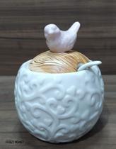 Açucareiro com colher ceramica detalhe passaro