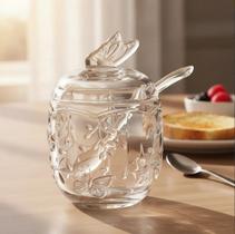 Açucareiro com Colher Pote Porta Açúcar em Cristal 250ml Transparente Borboleta Resistente Lyor