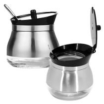 Açucareiro Com Colher Revestido Aço Inox E Vidro Restaurante 300ml