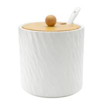 Açucareiro De Cerâmica Branco C/ Tampa Bambu Colher Saleiro Açucareiro De Cerâmica Branco C/ Tampa Bambu Colher Saleiro