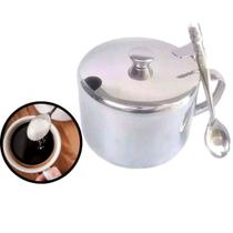 Açucareiro De Inox Brilhante Prata Com Tampa E Colher Elegante Kit Girl 8.5 X 8 X 10 cm Para Cozinha
