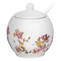 Açucareiro de porcelana branco com flores rosa e colher Le Jardim para cozinha porta açucar açucareira pote cantinho caf Açucareiro de porcelana branco com flores rosa e colher Le Jardim para cozinha porta açucar açucareira pote cantinho caf