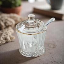 Açucareiro de Vidro com Tampa e Colher Lyor Radial Cristal, Elegante, Mesa Posta, Café, Cozinha De Açucareiro de Vidro com Tampa e Colher Lyor Radial Cristal, Elegante, Mesa Posta, Café, Cozinha De